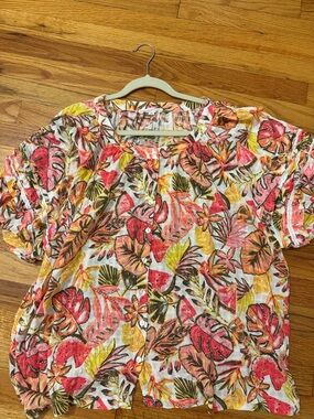 Jane and Delancey Coral, Pink and Yellow Button-Front Tropical Top